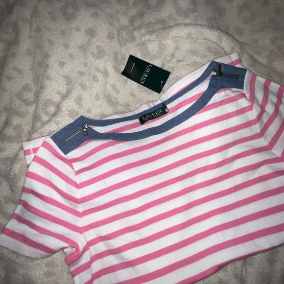 Ralph Lauren denim 1969. XL. Pink white stripes denim zipper crewneck preppy T - Picture 9 of 10